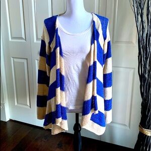 Blue and cream striped cardigan sweater